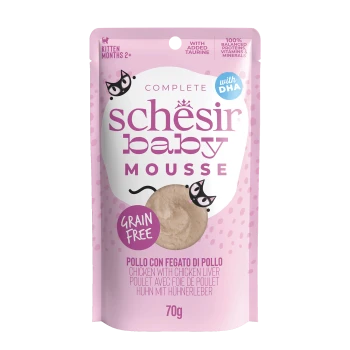 Schesir Baby Mousse kitten food pouch, grain free, chicken with chicken liver, 70g, pink packaging with cat illustrations.