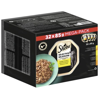 Sheba Selection Selezione Katzenfutter Mega-Pack, 32 x 85g, mit einer Schüssel mit zerrissenem Fleisch in Sauce und einer Katzen-Grafik.