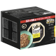 Sheba Selection Selezione Katzenfutter Mega-Pack, 32 x 85g, mit einer Schüssel mit zerrissenem Fleisch in Sauce und einer Katzen-Grafik.