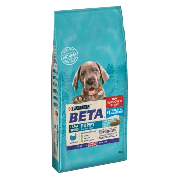 Purina Beta Large Breed Puppy food, 14kg bag, with turkey, no artificial additives, and supports digestive health.