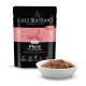 Catz Finefood Pure Pferd Nassfutterbeutel für Katzen mit Nachtkerzenöl, hergestellt in Deutschland, neben einer weißen Futterschale.