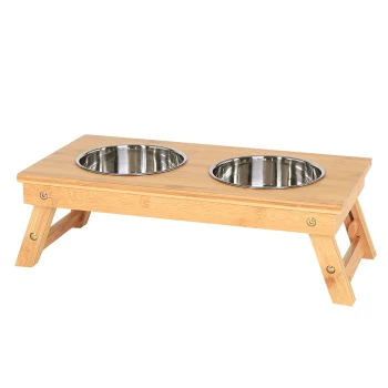 Bambus-Haustierfütterungsstation mit zwei Edelstahlschalen, mit einem stabilen, erhöhten Design für einfachen Zugang.