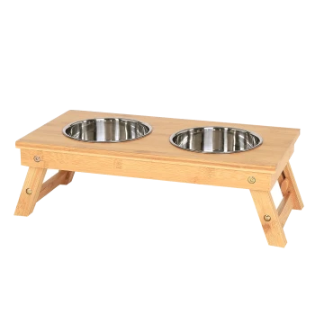 Bambus-Haustierfütterungsstation mit zwei Edelstahlschalen, mit einem stabilen, erhöhten Design für einfachen Zugang.