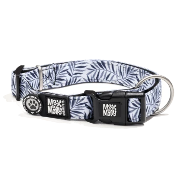Blau-weißes, blattbedrucktes verstellbares Hundehalsband mit Metall-D-Ring, Kunststoffschnalle und 'Max & Molly'-Logo