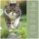 Nahaufnahme einer getigerten Katze, die draußen läuft, mit Textsymbolen: „Extra kaltgepresst“, „100% rein & natürlich“, „Hochwertige Zutaten“.