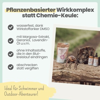 Tierpflege-Anzeige mit einem Hund im Gras, der Schutz vor Zecken, Flöhen, Mücken und Milben bewirbt, mit dem Hinweis "Ohne Nervengift."