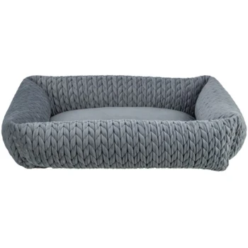 Grau geflochtenes Haustierbett mit einem plüschigen Mittelpolster, das hohe Seiten für Komfort und Unterstützung bietet.