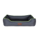 Rectangular gray pet bed with raised bolsters, lime-green trim and leather label reading "Beddies".