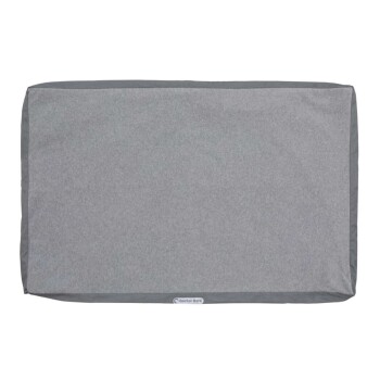 Graues Haustierbett mit weicher Textur und einem dunkelgrauen Rand, mit einem kleinen "Doctor Bark"-Logo in einer Ecke.