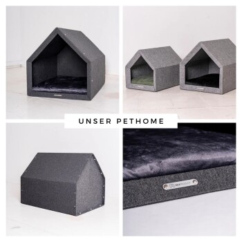 Stilvolle graue Haustierhäuser mit einem dreieckigen Dachdesign, mit plüschigen Innenräumen und einem Metallschild, beschriftet mit 'UNSER PETHOME.'
