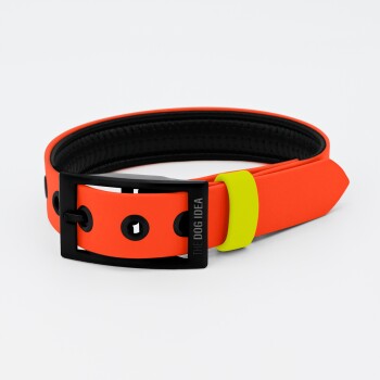 Helle orange Hundehalsband mit schwarzem Schnallen und einem gelben Akzent, mit dem Text "THE DOG IDEA" an der Seite.