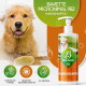 Golden Retriever mit Bürste und Schaumblasen neben einer Pumpflasche mit der Aufschrift 'Baviette Micronimal 982 Hundeshampoo' und Symbolen.