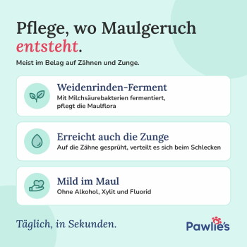 Pawlie's Haustiersprühflasche, die in einer Hand gehalten wird, mit Anweisungen auf Deutsch: "2-3 Sprühstöße pro Tag ins Maul oder Futter sprühen."