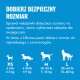 Niebieska infografika przewodnik rozmiarów zabawek dla psów 'Choose a Safe Size' z sylwetkami psów i zakresami wag XS, S, M, L w funtach/kilogramach.