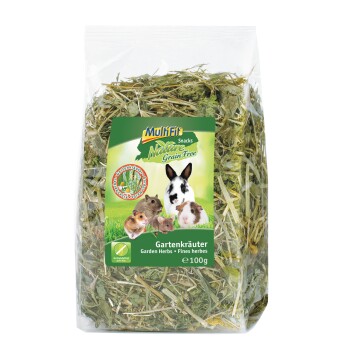 Clear bag of MultiFit Nature Grain Free garden herbs (Gartenkräuter) 100g for small pets, pictured rabbit and small rodents