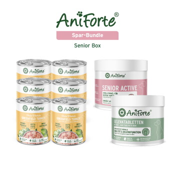 AniForte Spar-Bundle Senior Box: sechs Greenfield Turkey-Nassfutterdosen sowie Tiegel mit 'Senior Active' und 'Gelenktabletten'