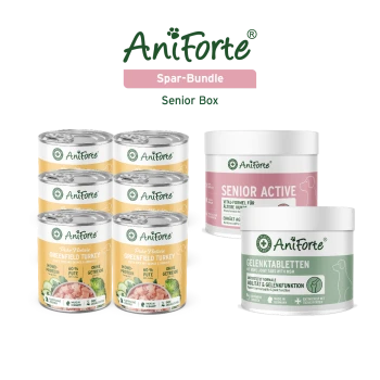 AniForte Spar-Bundle Senior Box: sechs Greenfield Turkey-Nassfutterdosen sowie Tiegel mit 'Senior Active' und 'Gelenktabletten'