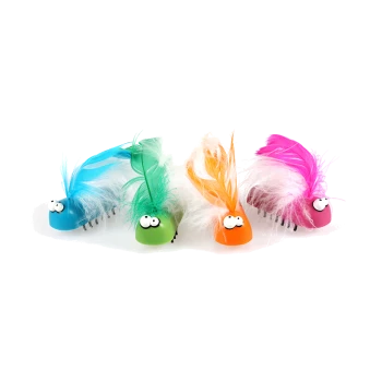 Bunte Haustierspielzeuge, die Insekten ähneln, mit flauschigen Schwänzen, in Blau, Grün, Orange und Pink, jedes mit wackelnden Augen.