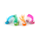 Colorful pet toys resembling insects with fluffy tails, featuring blue, green, orange, and pink designs, each with googly eyes.