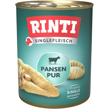 Rinti Singlefleisch Dosenfutter für Haustiere mit "Pansen Pur" und Bildern von Pansen und Rindfleisch, gekennzeichnet als getreidefrei und mit einer Proteinquelle.