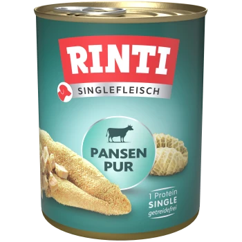 Rinti Singlefleisch Dosenfutter für Haustiere mit "Pansen Pur" und Bildern von Pansen und Rindfleisch, gekennzeichnet als getreidefrei und mit einer Proteinquelle.