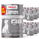 Supravit 'Lamm' Nassfutterdosen für Hunde, 12er-Pack-Etikett, mit der Aufschrift 'Highly digestible wet dog food with juicy lamb & rice'.