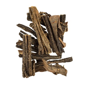 Ein Haufen natürlicher Hundekauspielzeuge aus getrockneten, strukturierten Stöcken in verschiedenen Brauntönen und Schwarz, geeignet für Haustierleckereien.