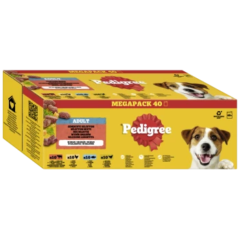Pedigree Mega Pack 40 für erwachsene Hunde, mit einer bunten Box mit Bildern von Fleischstücken und einem lächelnden Hund.