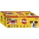 Pedigree Mega Pack 40 für erwachsene Hunde, mit einer bunten Box mit Bildern von Fleischstücken und einem lächelnden Hund.