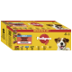 Pedigree Mega Pack 40 für erwachsene Hunde, mit einer bunten Box mit Bildern von Fleischstücken und einem lächelnden Hund.