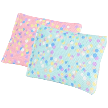 Two colorful pet pillows, one pink with multicolored dots and one light blue with similar patterns, displayed together.