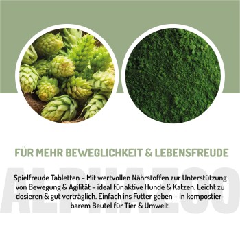 Tabelle mit täglichen Fütterungsempfehlungen für Haustiere nach Gewicht, betitelt "MICH KANNST DU EINFACH VERFÜTTERN," mit dem "ALPHAZOO"-Logo.