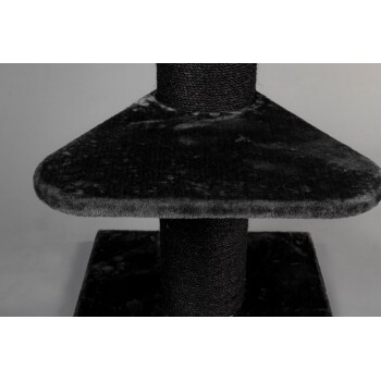 Schwarzer Katzenbaum mit einem strukturierten Kratzpfosten und zwei Plattformen, mit weichen, plüschigen Oberflächen für Komfort.