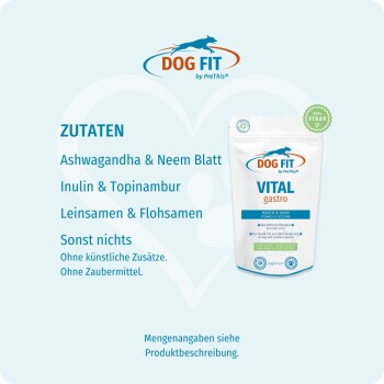 DOG FIT VITAL gastro-Beutel, „100% VEGAN“-Abzeichen, deutsche Zutatenliste: Ashwagandha, Neem, Inulin