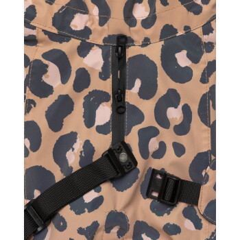 Leopardenbedruckte Haustierjacke mit Mittelreißverschluss und verstellbaren schwarzen Schnallenriemen.