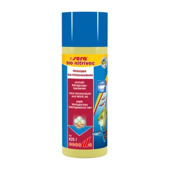 Pond Bacteria Booster 250 ml Sera bio nitrivec flüssiges Bio-Filtermedium Flasche, mit einem blauen Deckel und gelbem Boden, mit Text, der seine Vorteile für Aquarien hervorhebt.