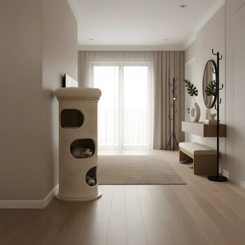 Beiger Katzenturm mit zwei Katzen, die darin ruhen, platziert in einem modernen, minimalistischen Wohnzimmer mit natürlichem Licht.