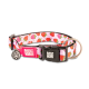 Pinkes Haustierhalsband mit Erdbeermuster, schwarzer Schnalle, Metallring und Anhängern mit der Aufschrift „Max & Molly Urban Pets“ und „Ich bin verloren, bitte bring mich zurück.“