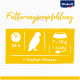 Fütterungsempfehlung für Vögel: 7-10g Futter (1 Esslöffel) täglich, mit frischem Wasser, auf einem gelben Hintergrund angezeigt.