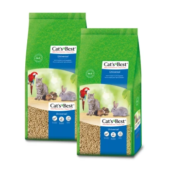 Zwei Beutel von Cat's Best Universal Bio-Streu mit einem grünen Design, das eine Katze, ein Kaninchen und einen Papagei zeigt, mit dem Hinweis auf nicht klumpende und hohe Absorption.