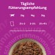 Lila Fütterungstabelle mit deutschem Titel 'Tägliche Fütterungsempfehlung', für 3–5 kg: Portionen 2½–4½, und eine Schale Nassfutter.