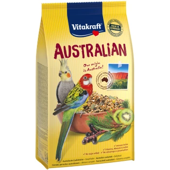 Heimatfutter Australian Nymphensittich 750 g Eine Tüte Vitakraft Australisches Vogelfutter mit zwei Nymphensittichen, Samen, Grünzeug und Text über Ernährung und Herkunft.