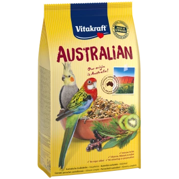 Eine Tüte Vitakraft Australisches Vogelfutter mit zwei Nymphensittichen, Samen, Grünzeug und Text über Ernährung und Herkunft.