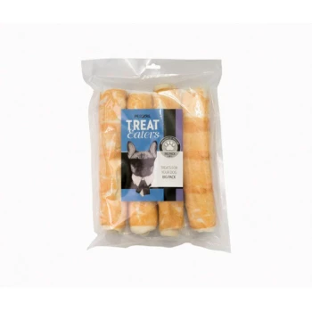 Klare Plastiktüte mit vier knochenförmigen Hundeleckerlis, beschriftet mit "PETCARE TREAT CATERS" und einem Cartoon-Hund sowie "TREATS FOR YOUR DOG BIG PACK."