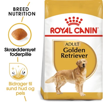 Royal Canin Adult Golden Retriever Hundefutterbeutel mit einem Golden Retriever, mit Text, der die Ernährungsbedürfnisse der Rasse und Vorteile für Haut und Fell hervorhebt.
