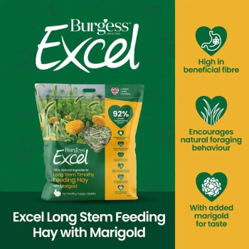 Burgess Excel Langhalm-Fütterheu mit Ringelblume, Tüte (grün/gelb), zeigt '92 % der Tierärzte empfehlen Excel'