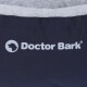 Logo von 'Doctor Bark' auf einem dunklen Stoffhaustierbett mit einer weichen grauen Innenauskleidung.