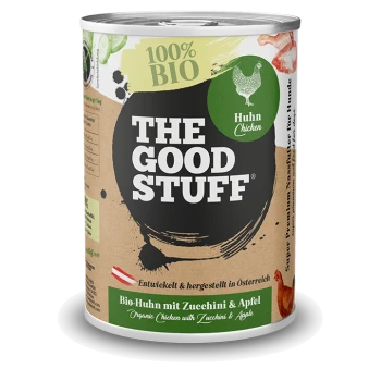 Dose Tierfutter mit der Aufschrift THE GOOD STUFF, 100% BIO, Huhn – Bio-Huhn mit Zucchini & Apfel.