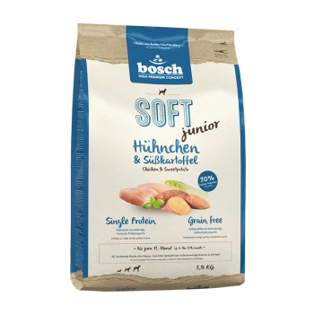 Weicher Junior-Hundefutterbeutel mit Huhn und Süßkartoffel, mit 70% Fleischgehalt, einer Proteinquelle und glutenfreiem Etikett.