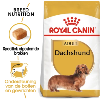 Royal Canin Adult Dachshund hondenvoerzak, met specifieke voedingsdetails voor het ras, een illustratie van brokjes en tekst in het Nederlands over gewrichtsondersteuning.